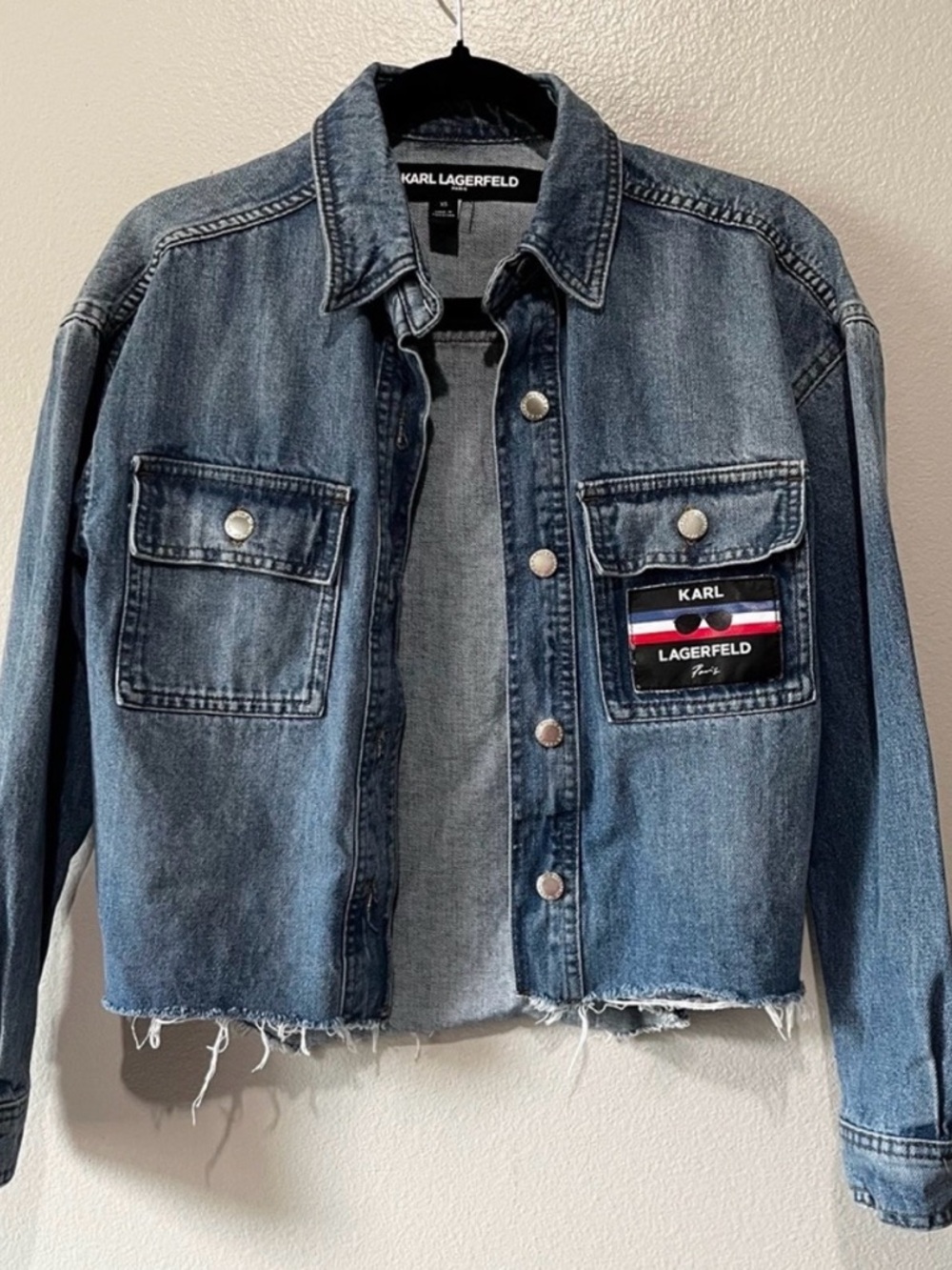 Karl Lagerfeld Distressed Blue Denim Trucker Jacket with Patch
